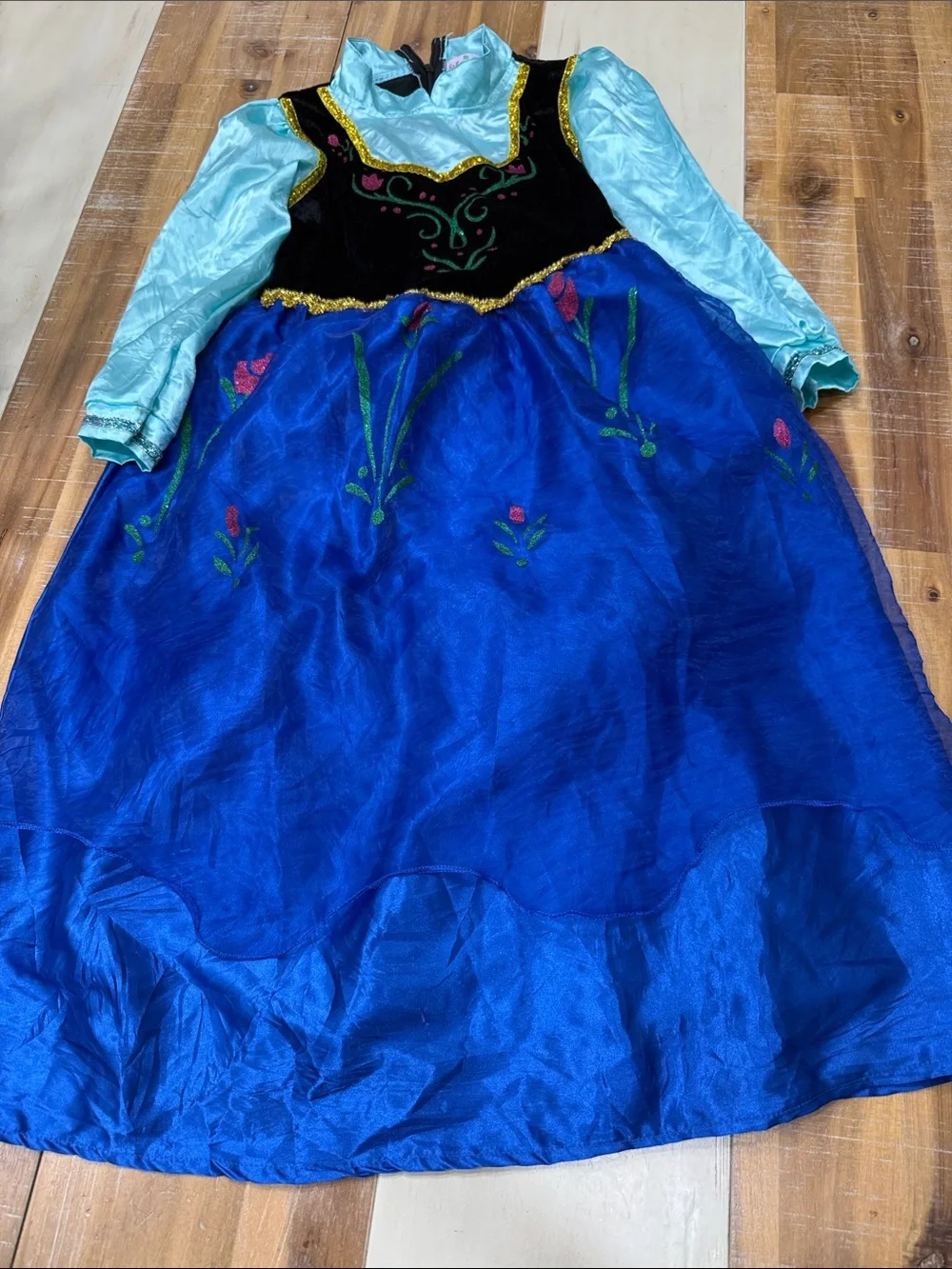Girls Royal Blue & Aqua Princess Dress Costume with Floral Embroidery